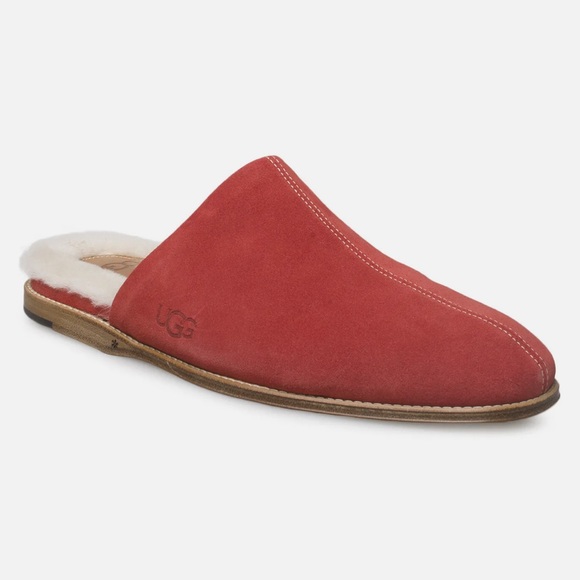 MEN’S UGG CHATEAU SLIP ON SAMBA RED LEATHER SHEARLING SLIPPERS - Picture 2 of 5